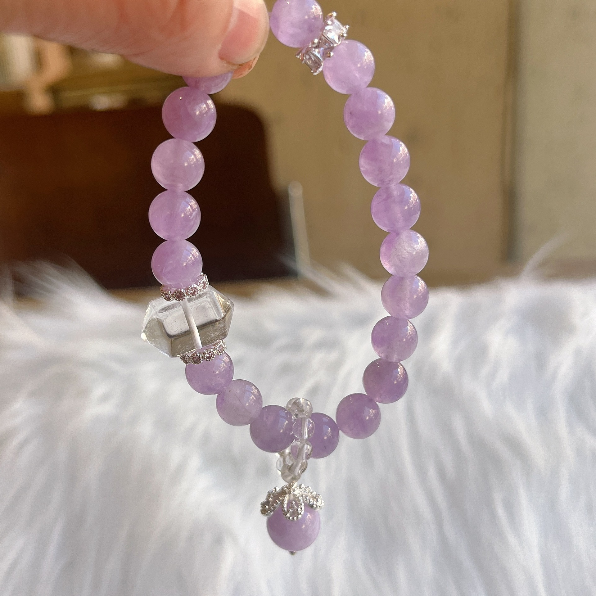 天然薰衣草紫水晶手链白水晶双尖手串设计感ins小众手饰品女提溜