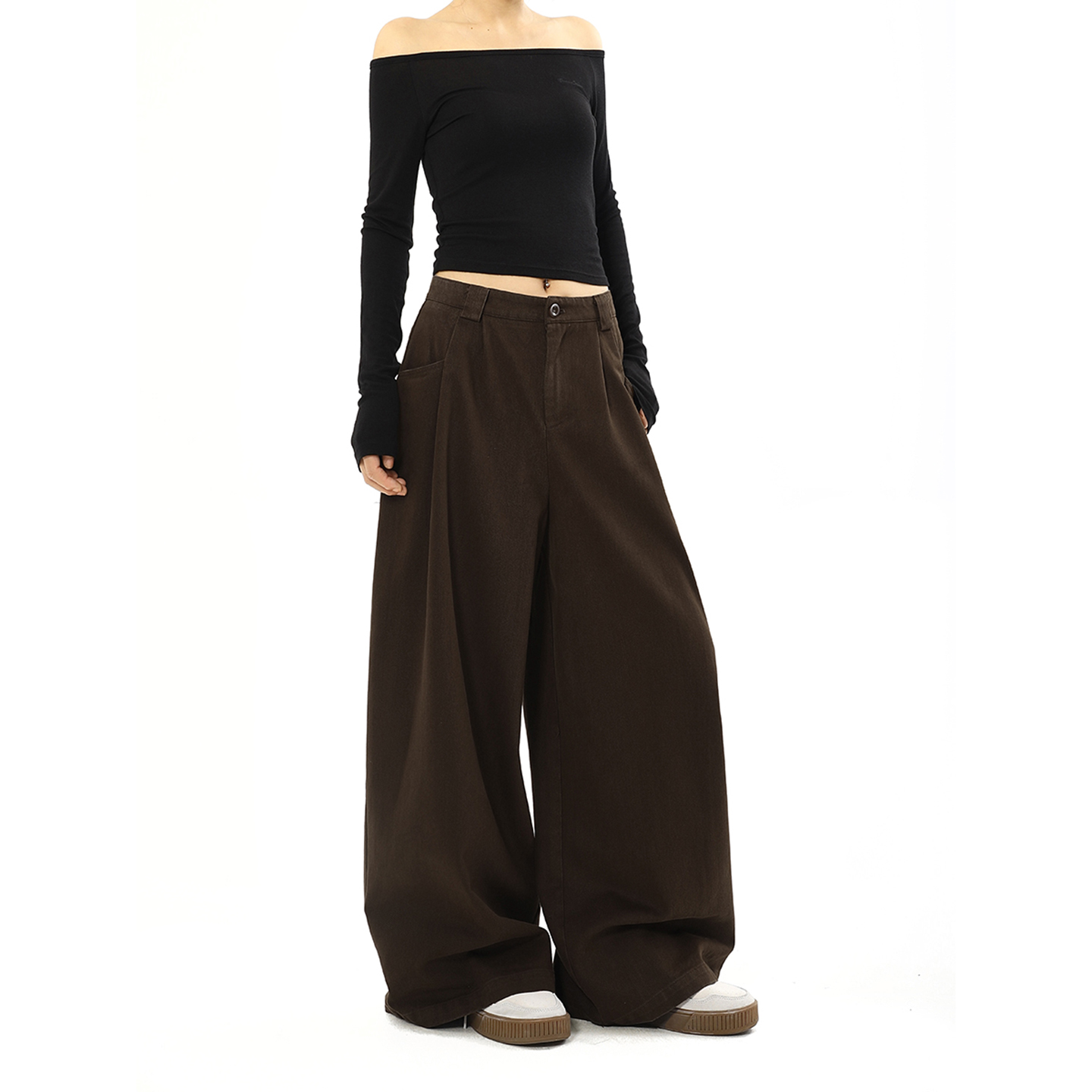 咖色阔腿牛仔裤女秋冬新款美式复古高腰显瘦宽松休闲直筒拖地裤子