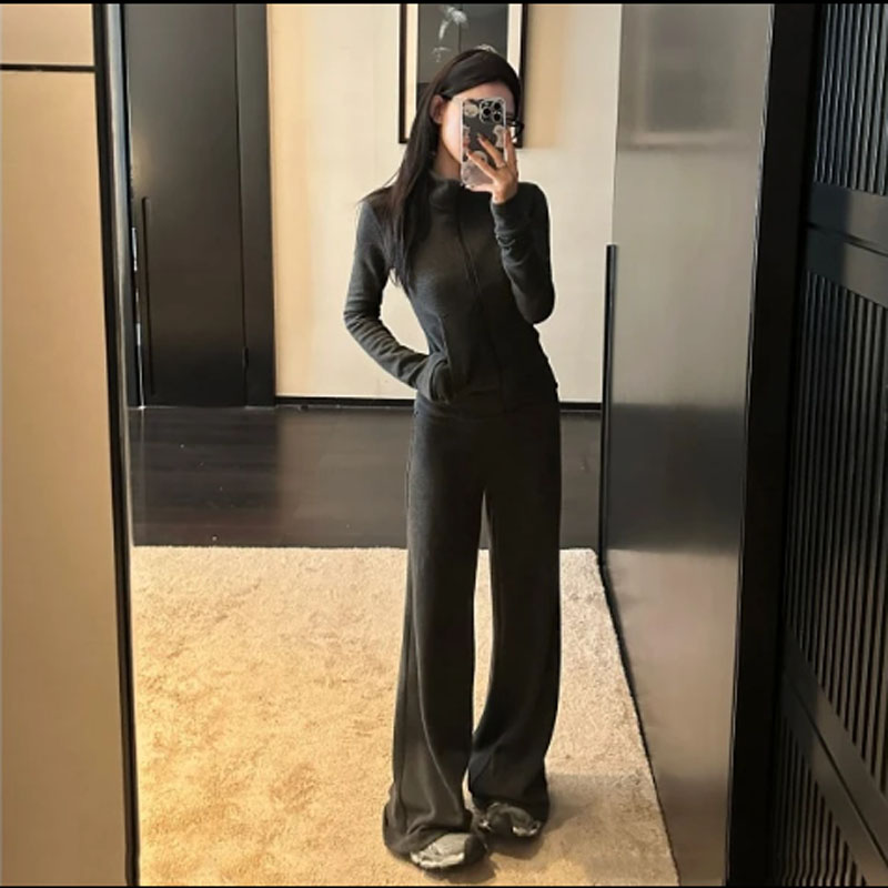 【优优专属】灰色条纹长袖套装外套女早秋季老钱风松新款修身服装