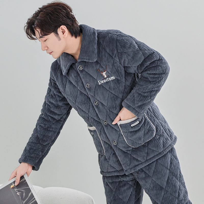 秋冬季男士睡衣珊瑚绒冬款加厚加绒保暖法兰绒三层夹棉家居服套装