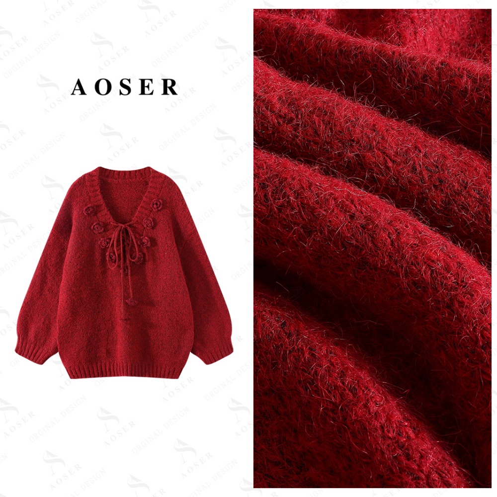 AOSER冬季时尚百搭洋气网红厚款V领毛针织衫上衣秋冬打底女装2551