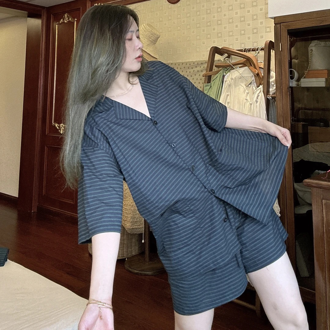 夏季女士睡衣2025新款春夏条纹短袖短裤纯棉家居服出门薄款套装
