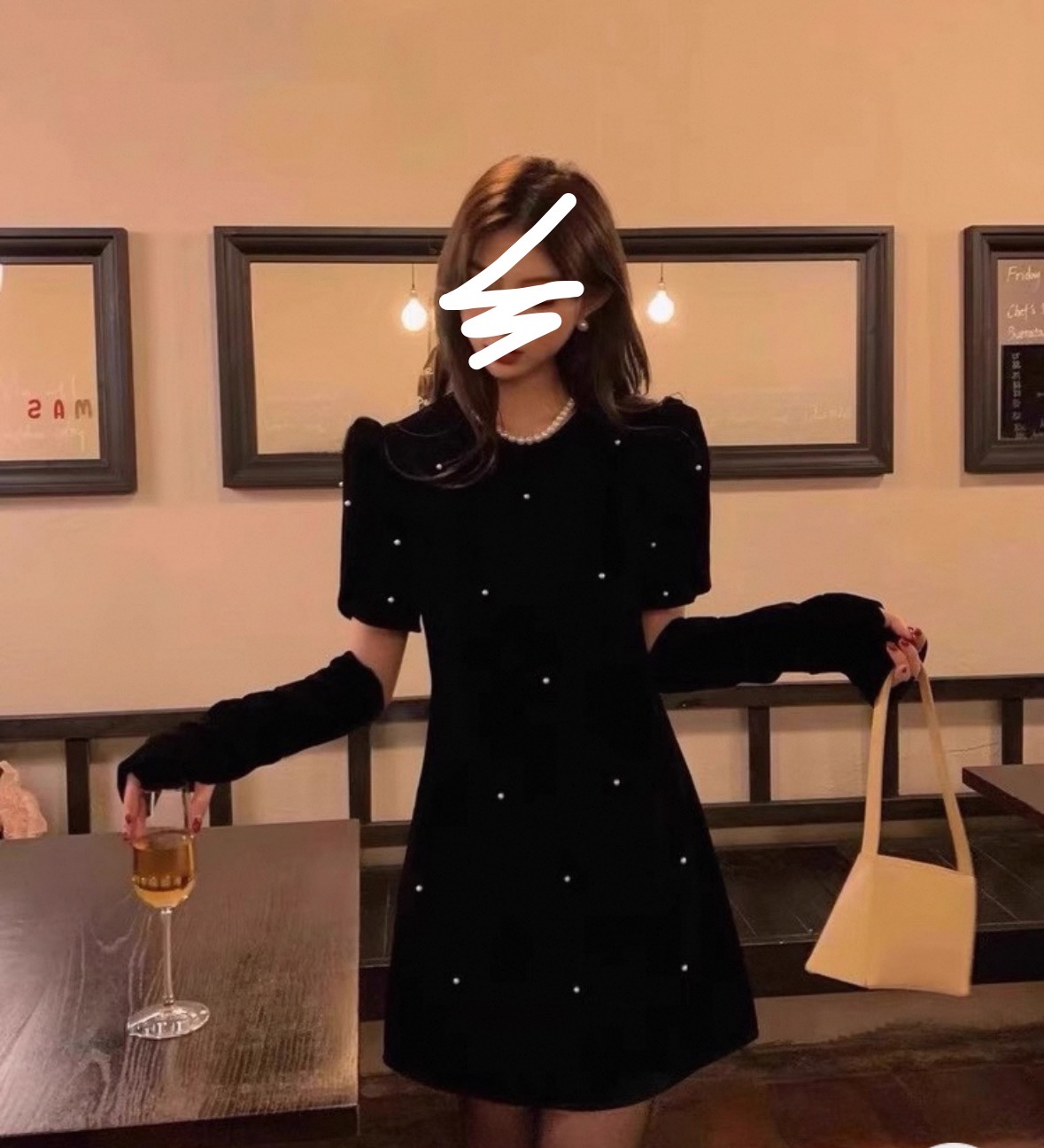 蔓蔓 千金风 丝绒钉钻泡泡袖连衣裙女裙袖套小黑裙6692长6691短