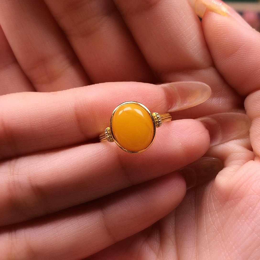 蜜蜡戒指银S925镶嵌戒指