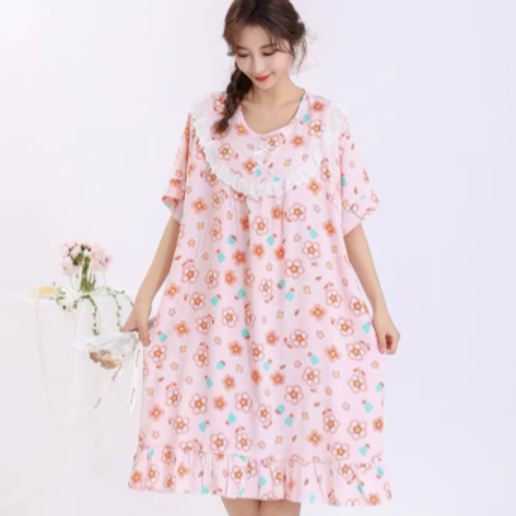 夏季薄款人棉棉绸碎花裙宽松大码睡裙短袖连衣裙