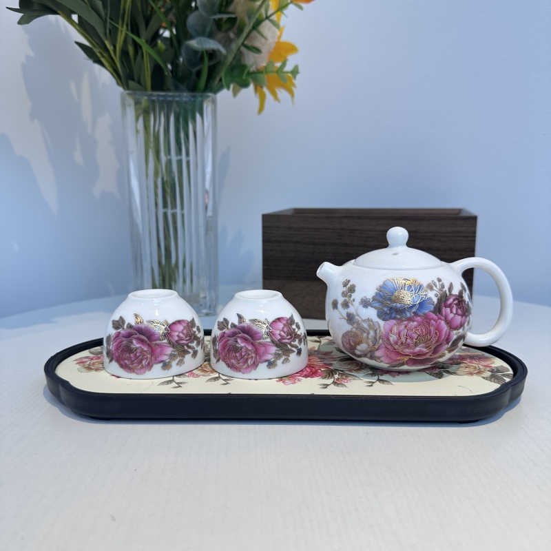 LX181掐丝金牡丹功夫茶具套装家用高档复古陶瓷一壶两杯带茶盘