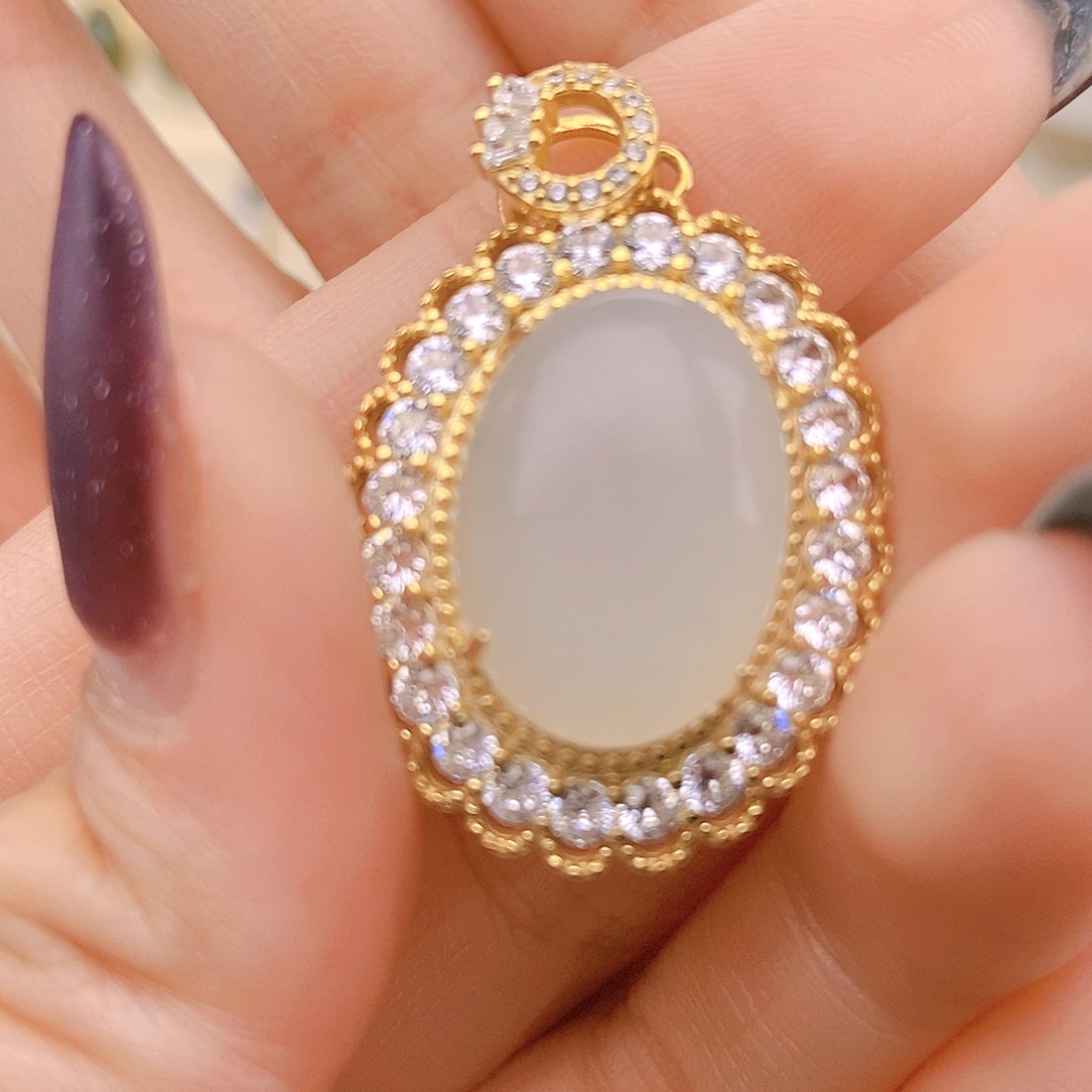 和田玉颈饰银S925镀金镶嵌