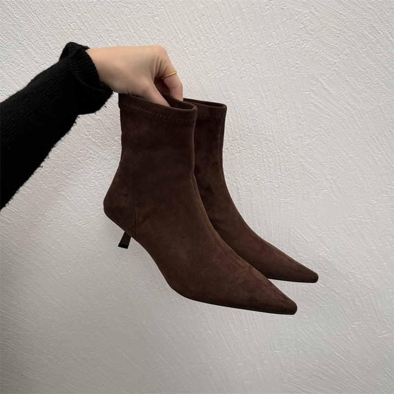 2025秋冬新款气质细跟裸靴套筒弹力瘦瘦靴子小猫跟尖头绒面短靴女