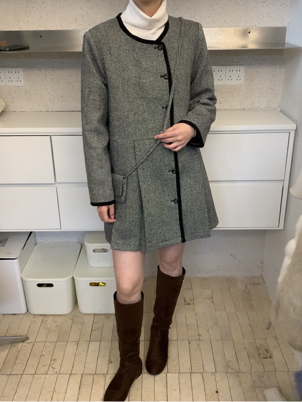 经典格纹撞色设计连衣裙(配包包)