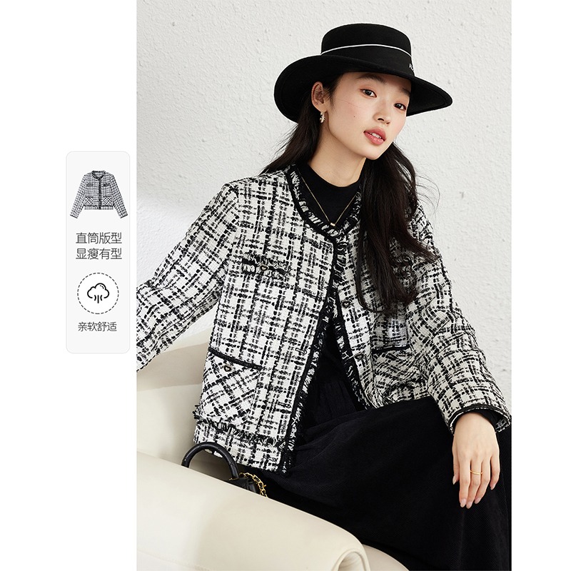 *格子短款小香风外套女2025新款设计感复古流苏上衣M3211