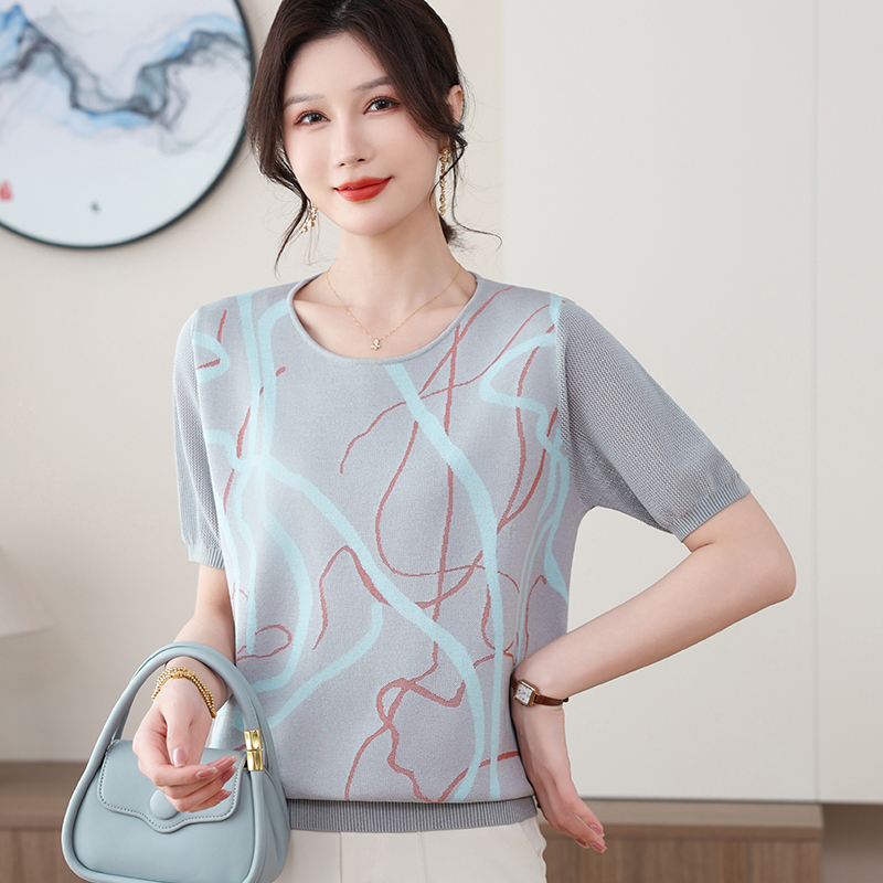 妈妈夏装宽松薄针织小衫薄款中老年女装夏季时尚短袖冰丝T恤衫
