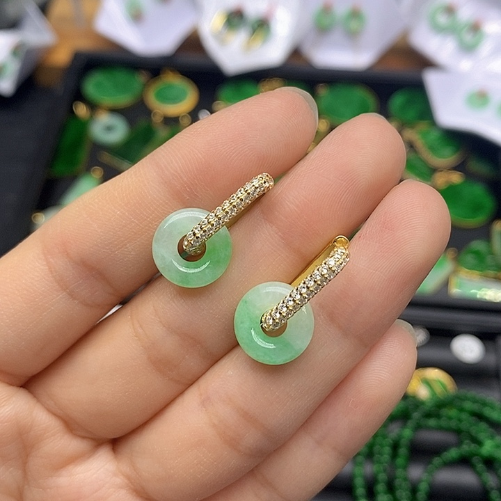 翡翠耳饰银S925镀金镶嵌天然翡翠