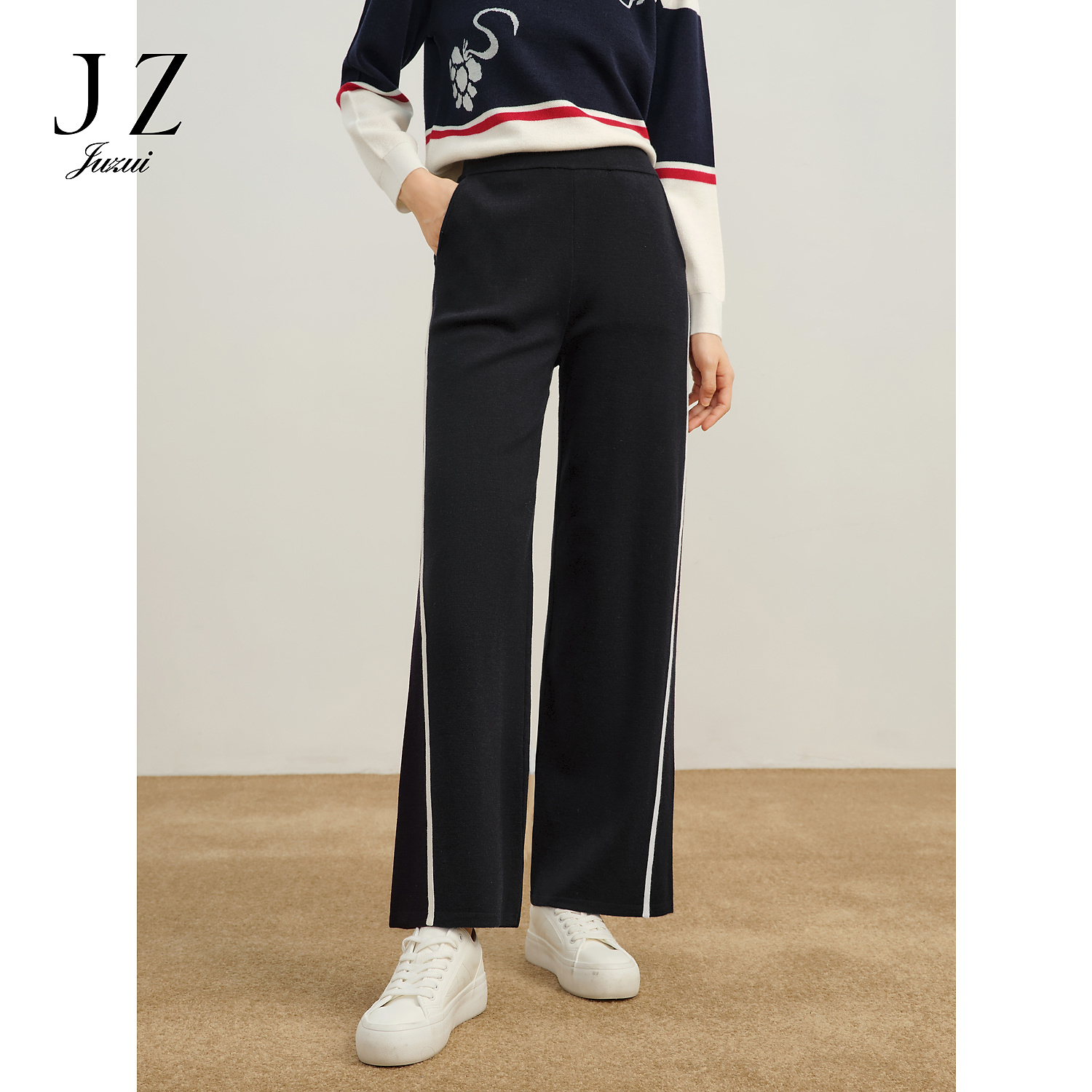商场同款JZ玖姿轻运动撞色阔腿裤裤子女2023冬季新款JWDD11011