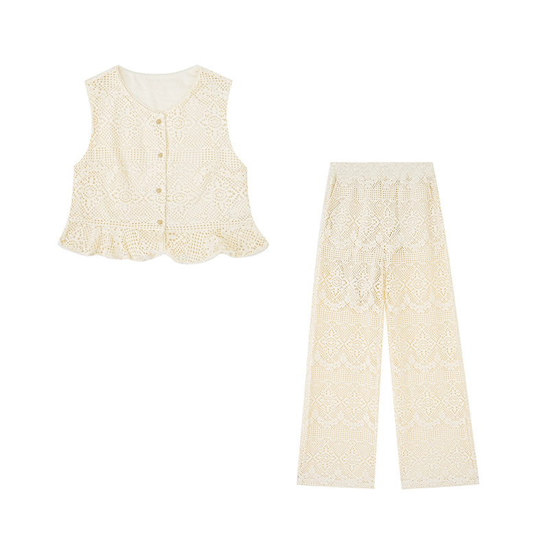 （女装）8015 法式小香风夏季女士蕾丝镂空背心阔腿裤时尚套装