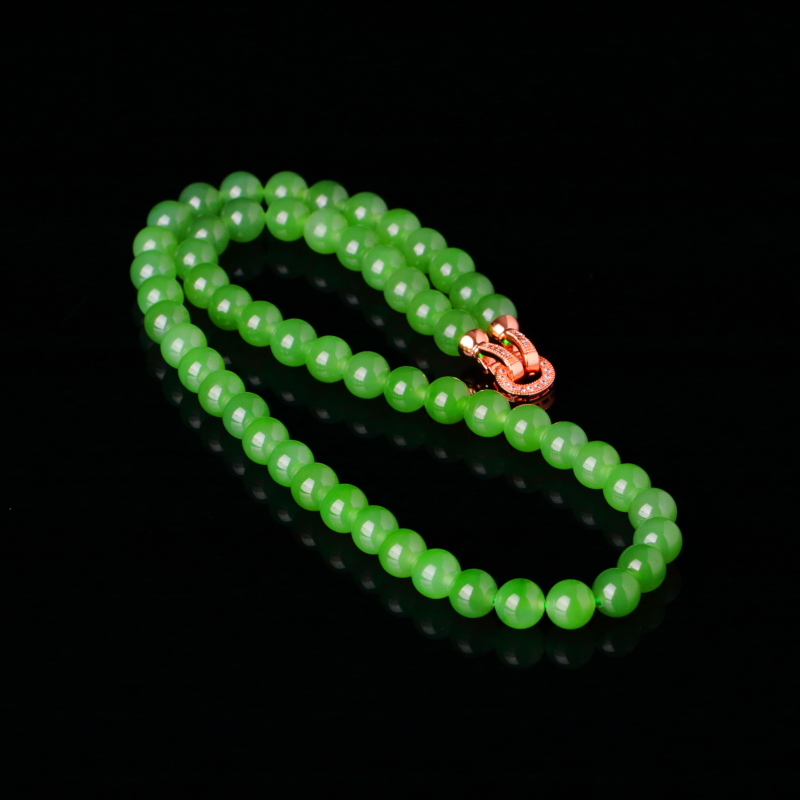 【泓贝珠宝-N736】和田玉老料碧玉猫眼圆珠项链