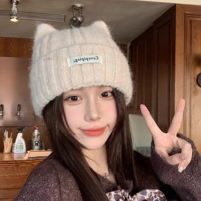 可爱保暖毛线帽冷帽女百搭显脸小猫耳朵针织帽