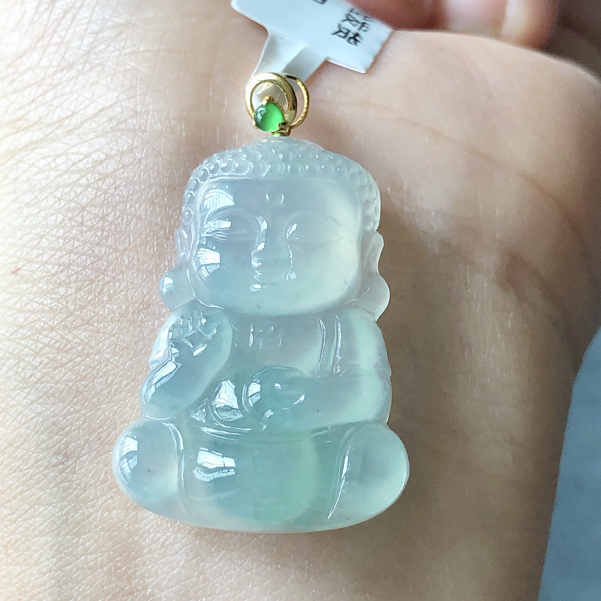 缅甸天然A货翡翠18k金镶嵌老坑冰种宝宝佛吊坠尺寸33.8/20.4/5.8
