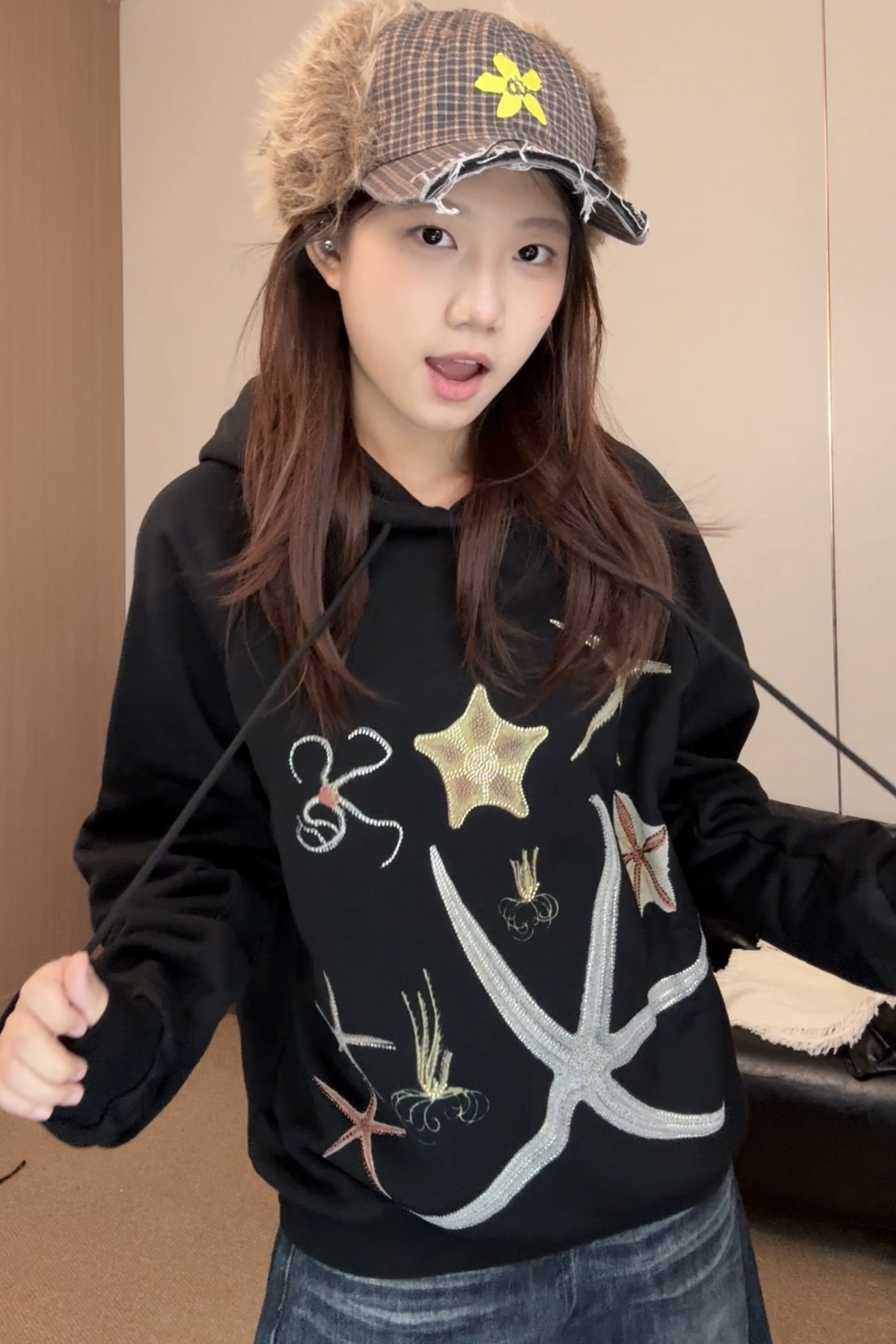 【海星卫衣】虎皮卷秋冬新款韩系慵懒感烫钻卫衣女