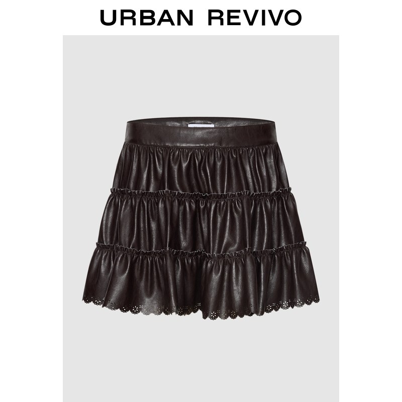UR2026春季新款女装都市PU多层荷叶边镂空花纹半裙UYU560002