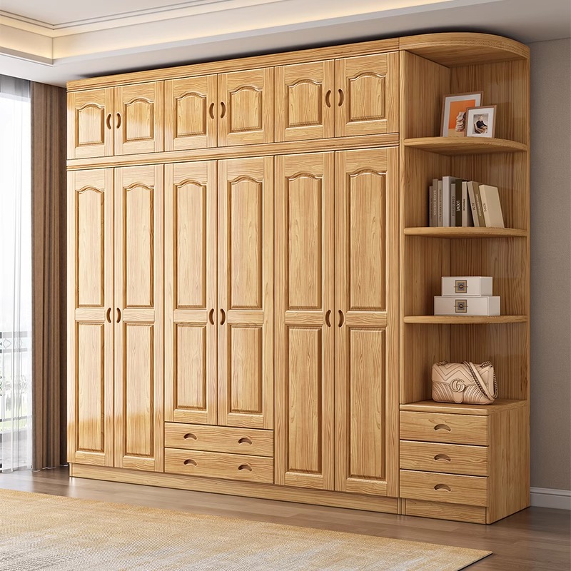现代简约原木风家用卧室全实木松木衣柜三四五六门新款实木大衣橱