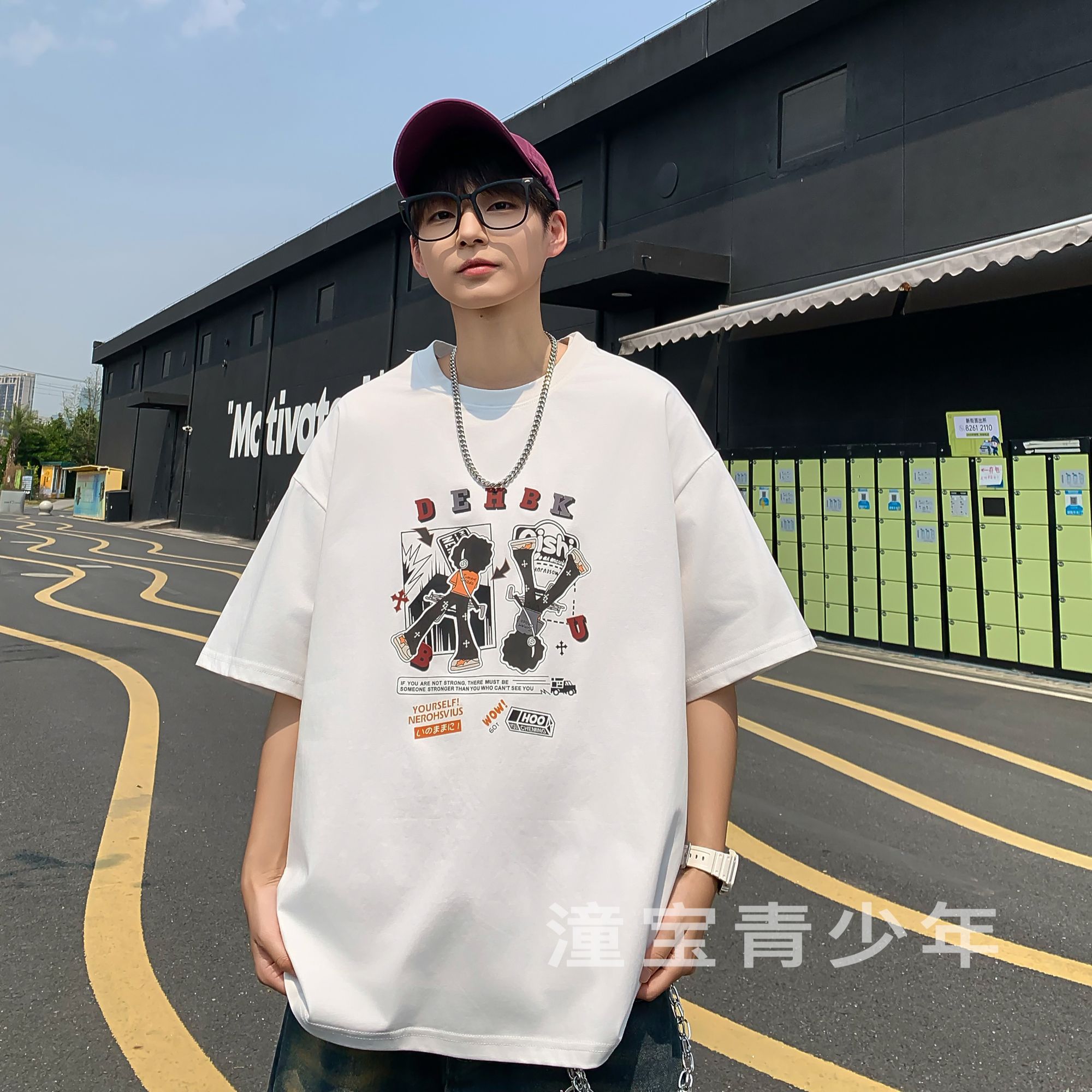（科技凉感7A抗菌)青少年港风T恤学生夏季印花ins半袖学生休闲短袖
