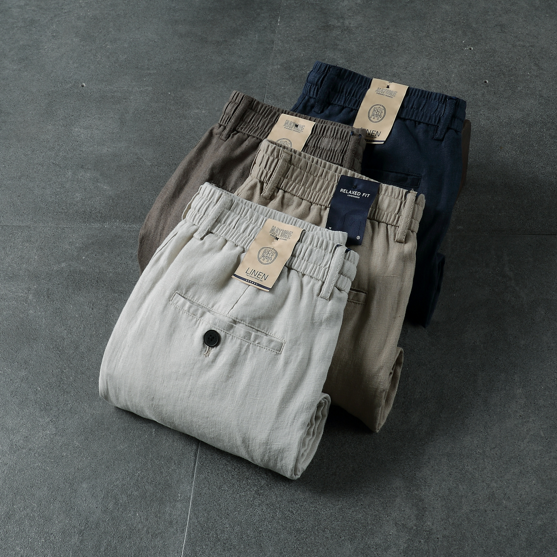 100%亚麻内外拉绳双用男士休闲裤夏季薄款宽松直筒松紧腰透气