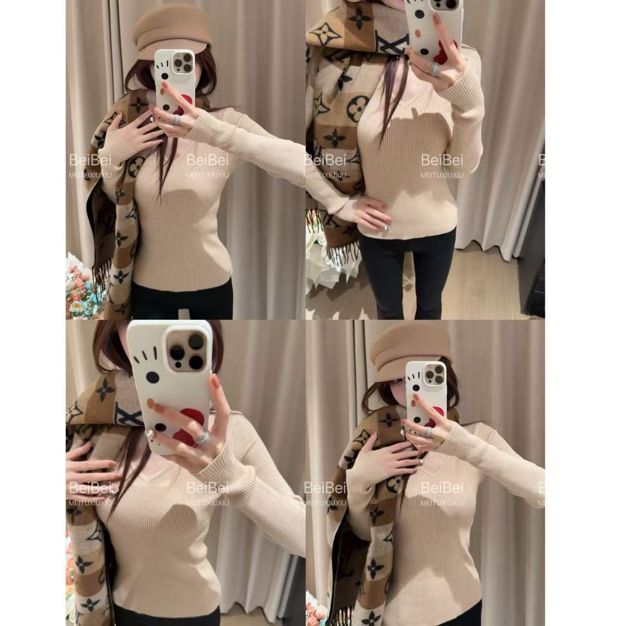 Beibei【冬日伴侣】纯色v领套头长袖针织衫女秋冬简约百搭打底上衣