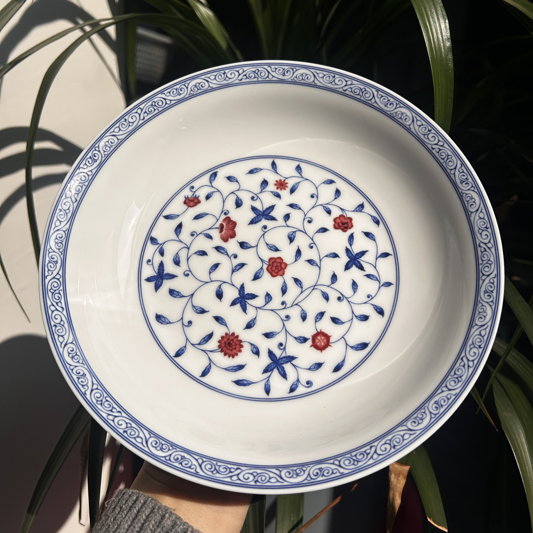 景德镇高温釉下青花缠枝莲菜盘果盘中式高档洗碗机微波炉口径21