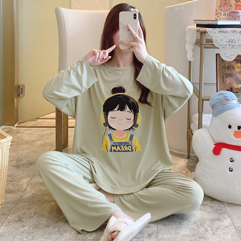 大码220斤胖mm莫代尔睡衣女春秋季甜美圆领套头加肥家居服外穿