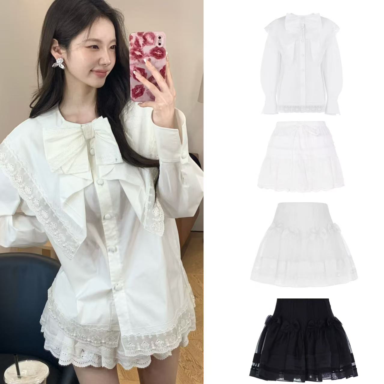 小清店秋季白色衬衣蝴蝶结花边上衣半裙