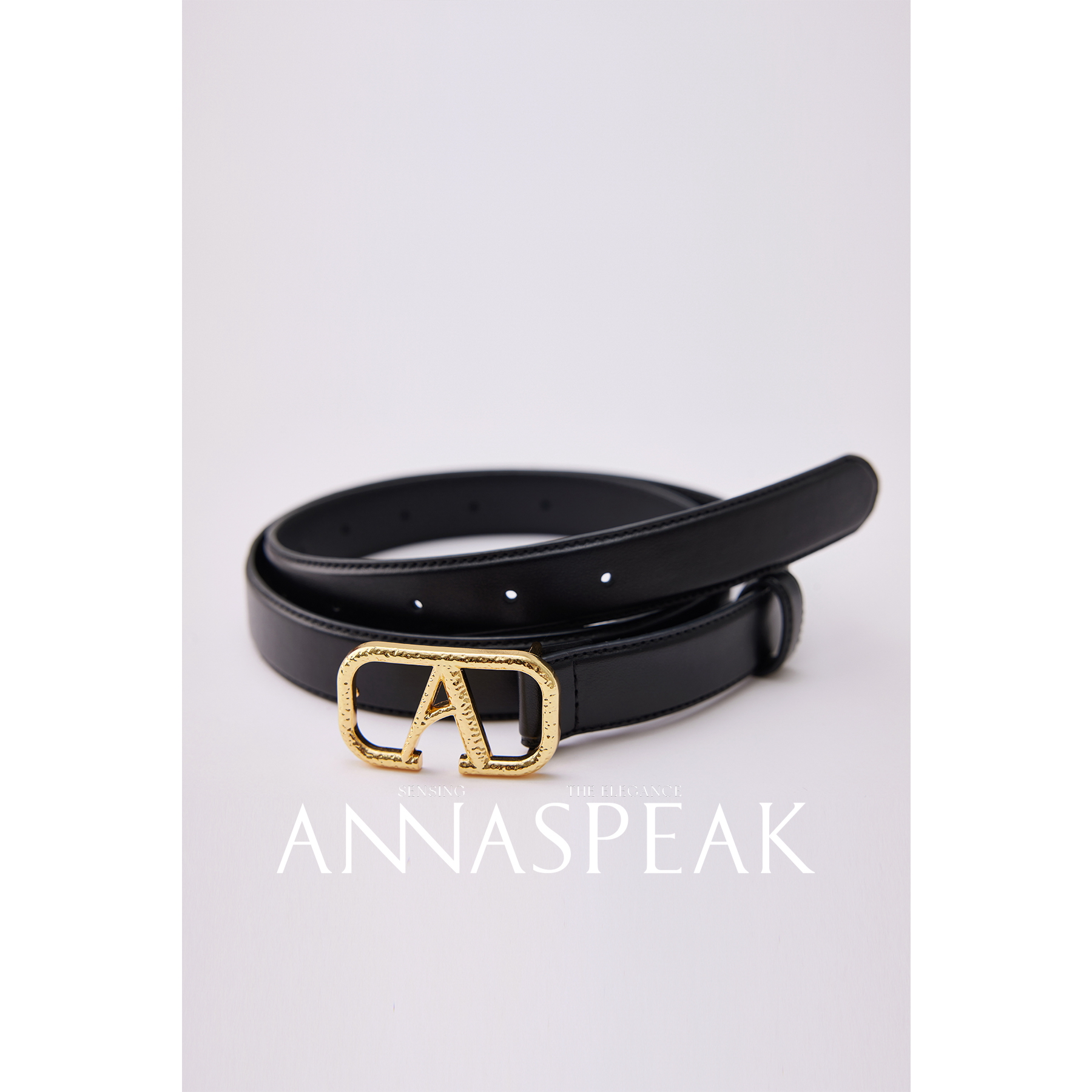 ANNASPEAK闪耀千面粒金工艺18K真金色A字搭扣牛皮皮带女士腰带