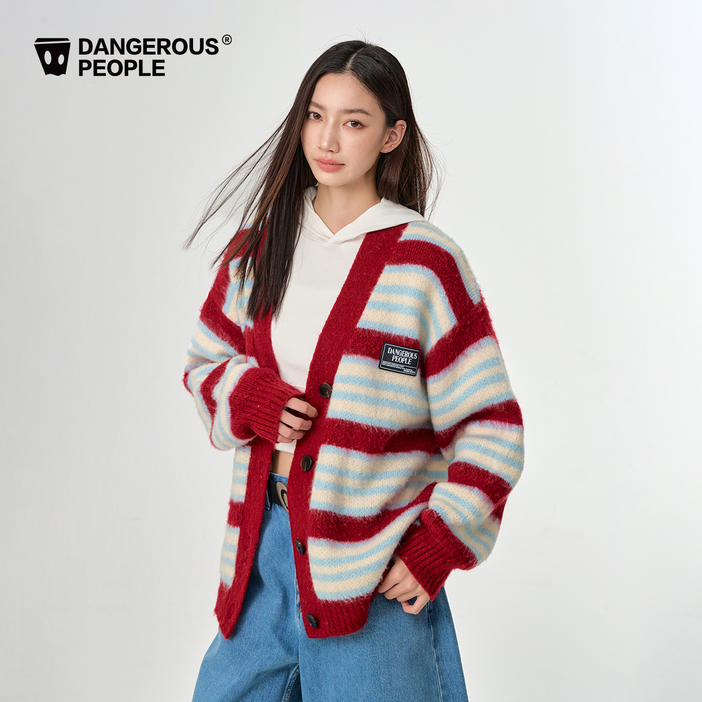Dangerouspeople薛之谦dsp撞色条纹针织开衫学院风慵懒百搭潮毛衣