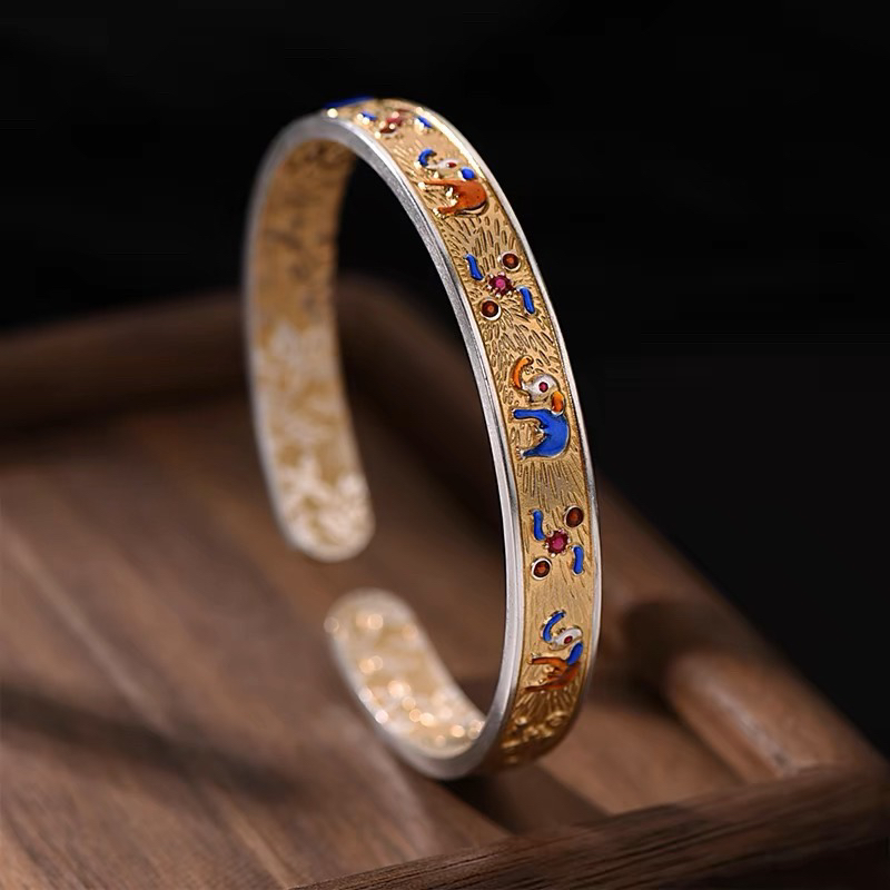 足银手镯 B45足银9999吉祥小象吉象描金宫廷银镯子珐琅彩手镯