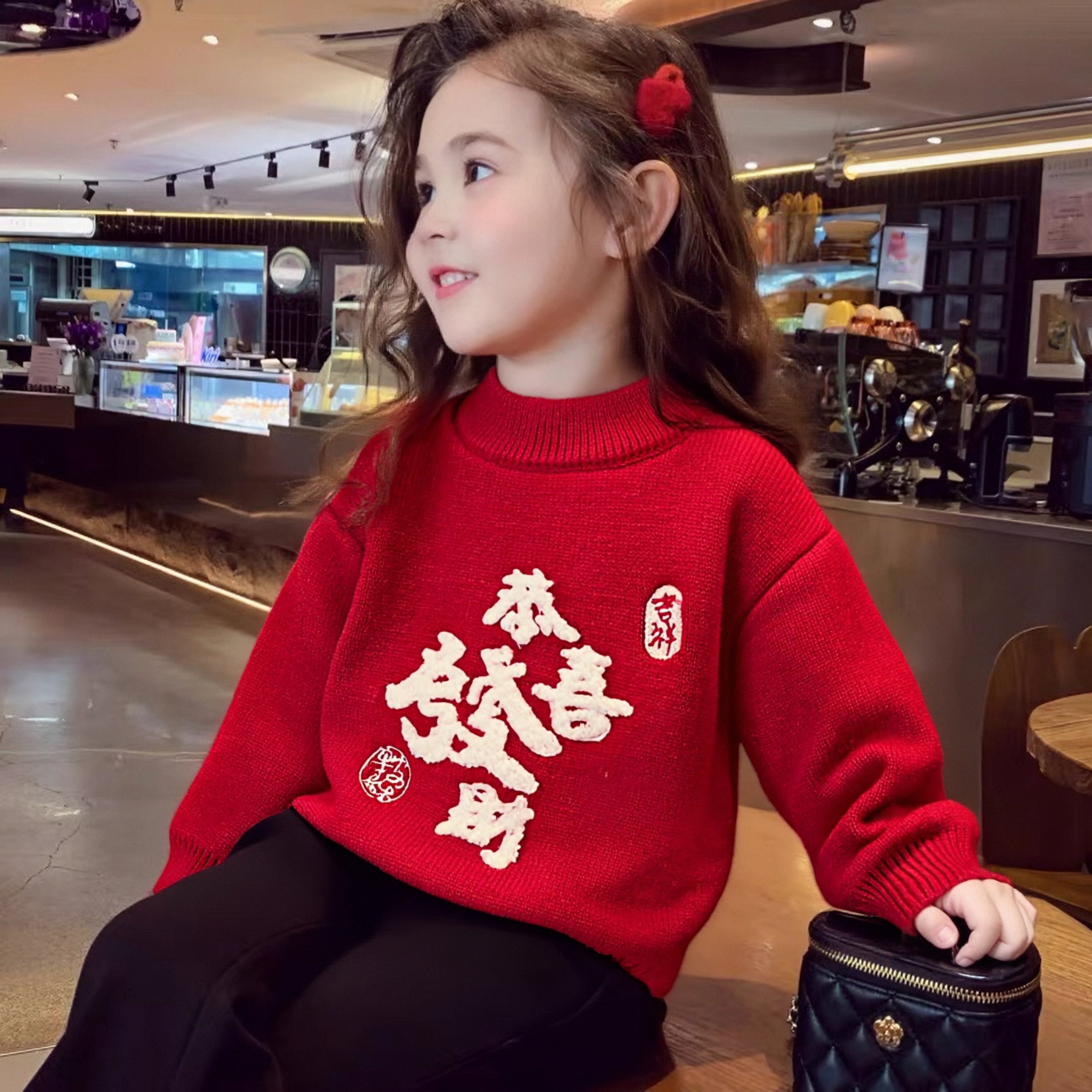 女童毛衣2025新款冬季加厚儿童针织衫女宝宝红色圣诞节新年拜年服