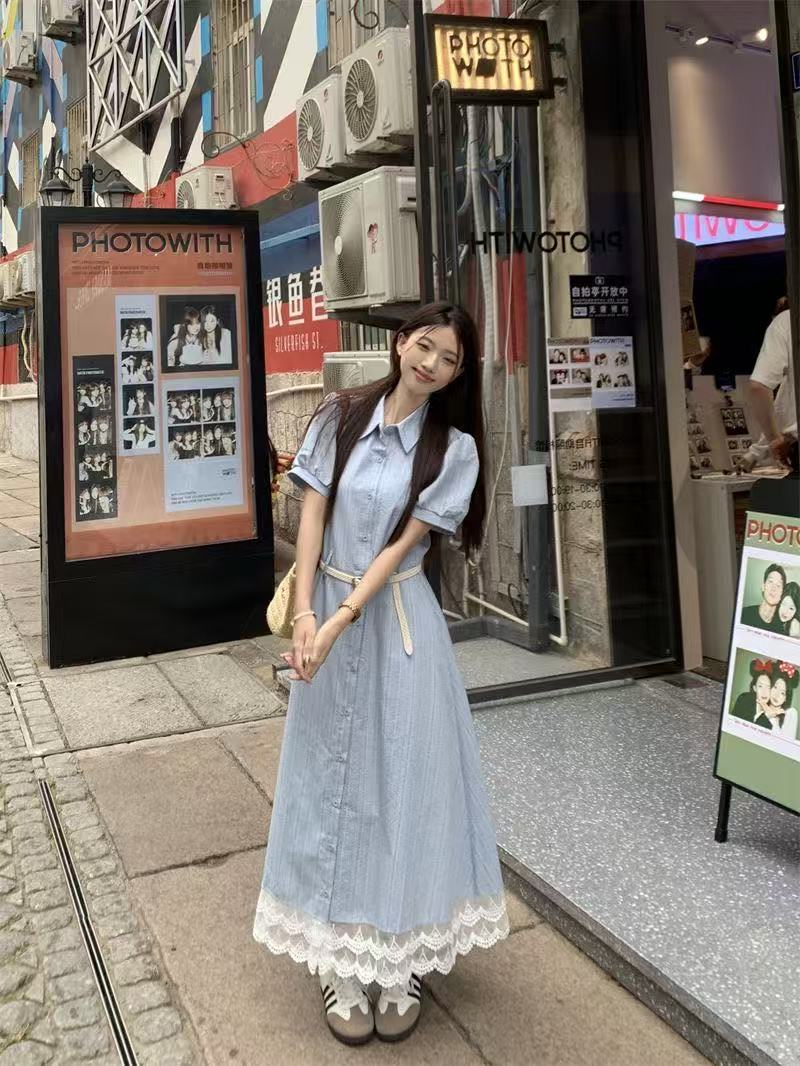 蕾丝花边翻领短袖连衣裙女收腰A字显瘦条纹长裙夏季完美国际联名