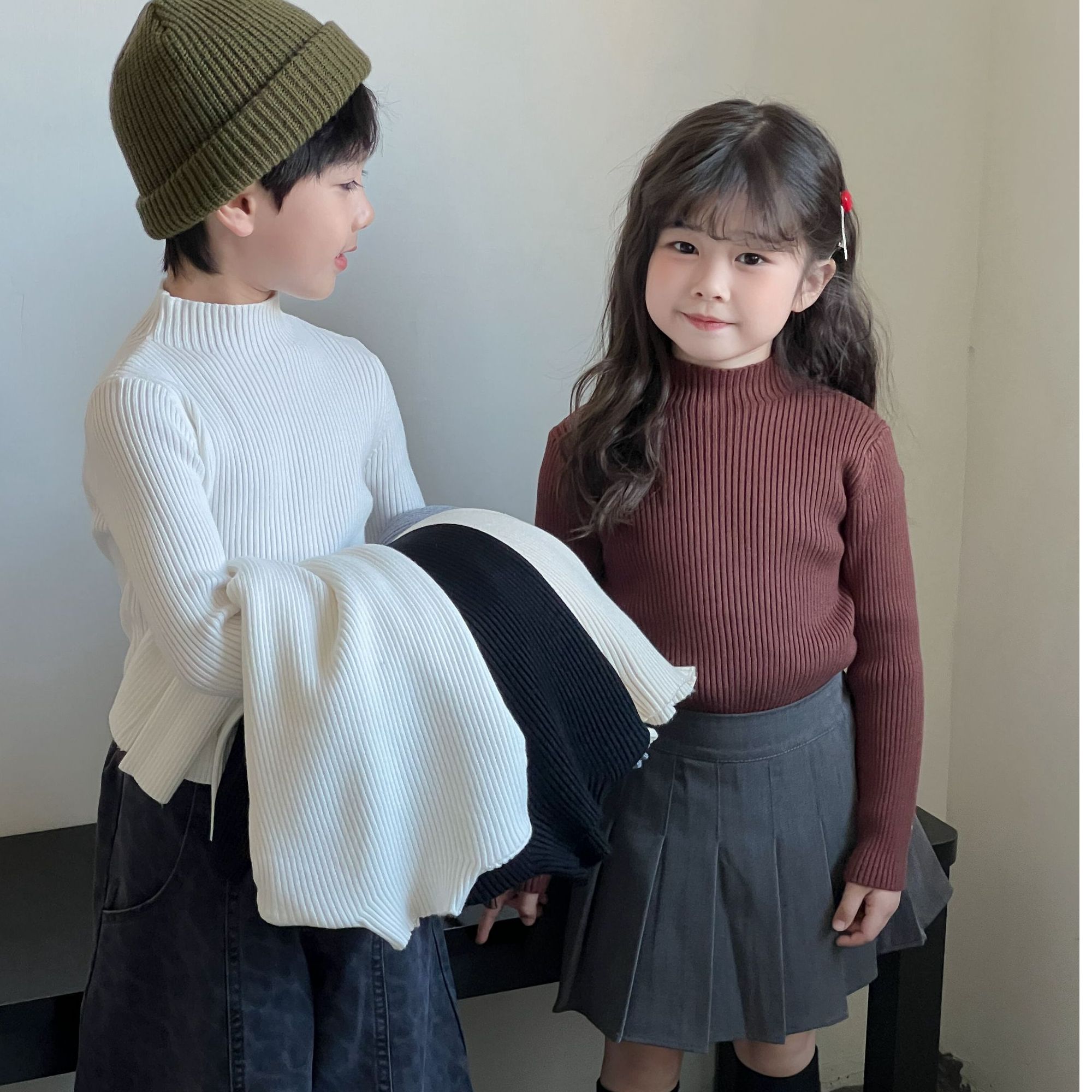 儿童打底衫秋冬季毛衣男女童针织纯色半高领弹力毛衣百搭潮流洋气