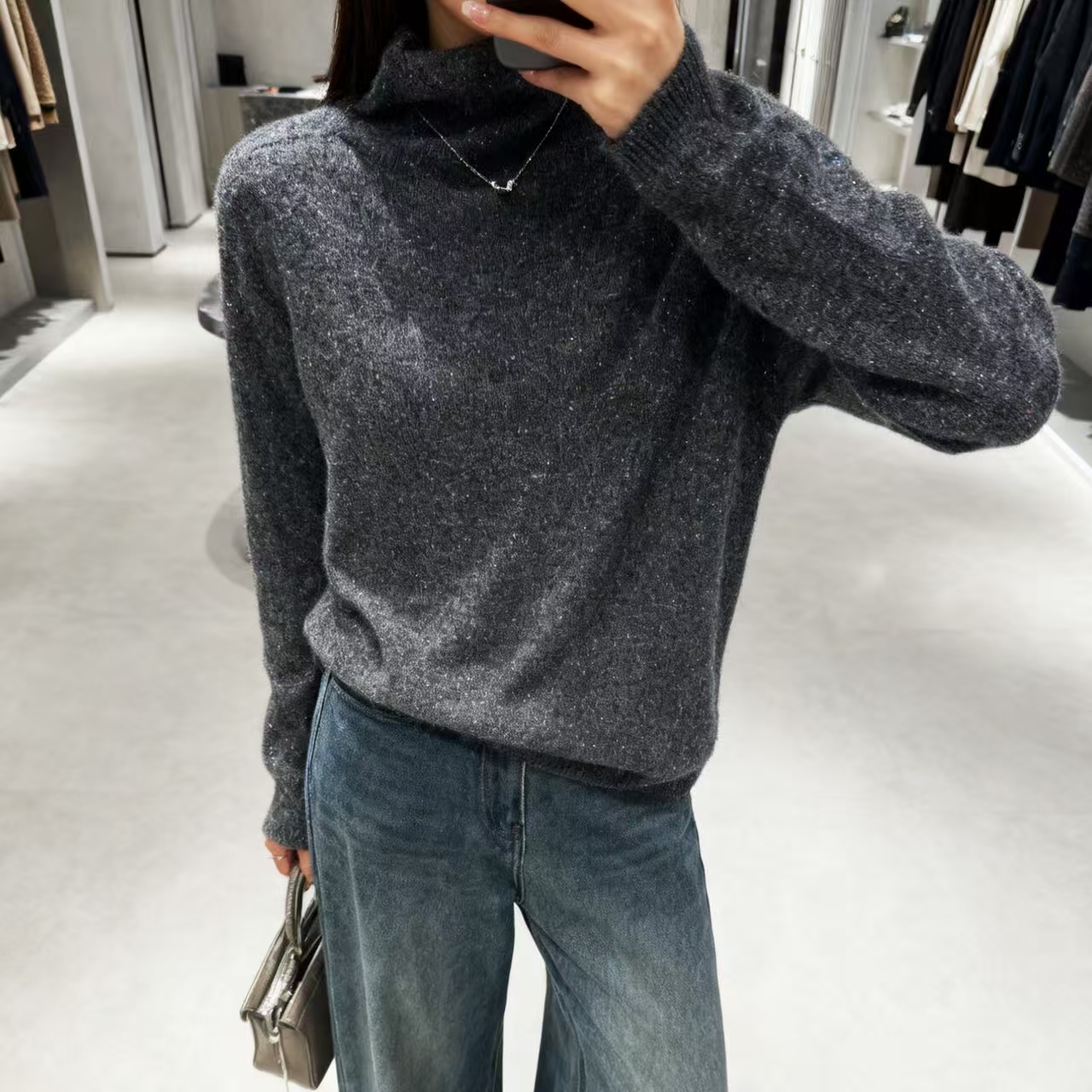 羊绒贵货请干洗~胸92-140长62星空细闪高领保暖花纱针织上衣 4362