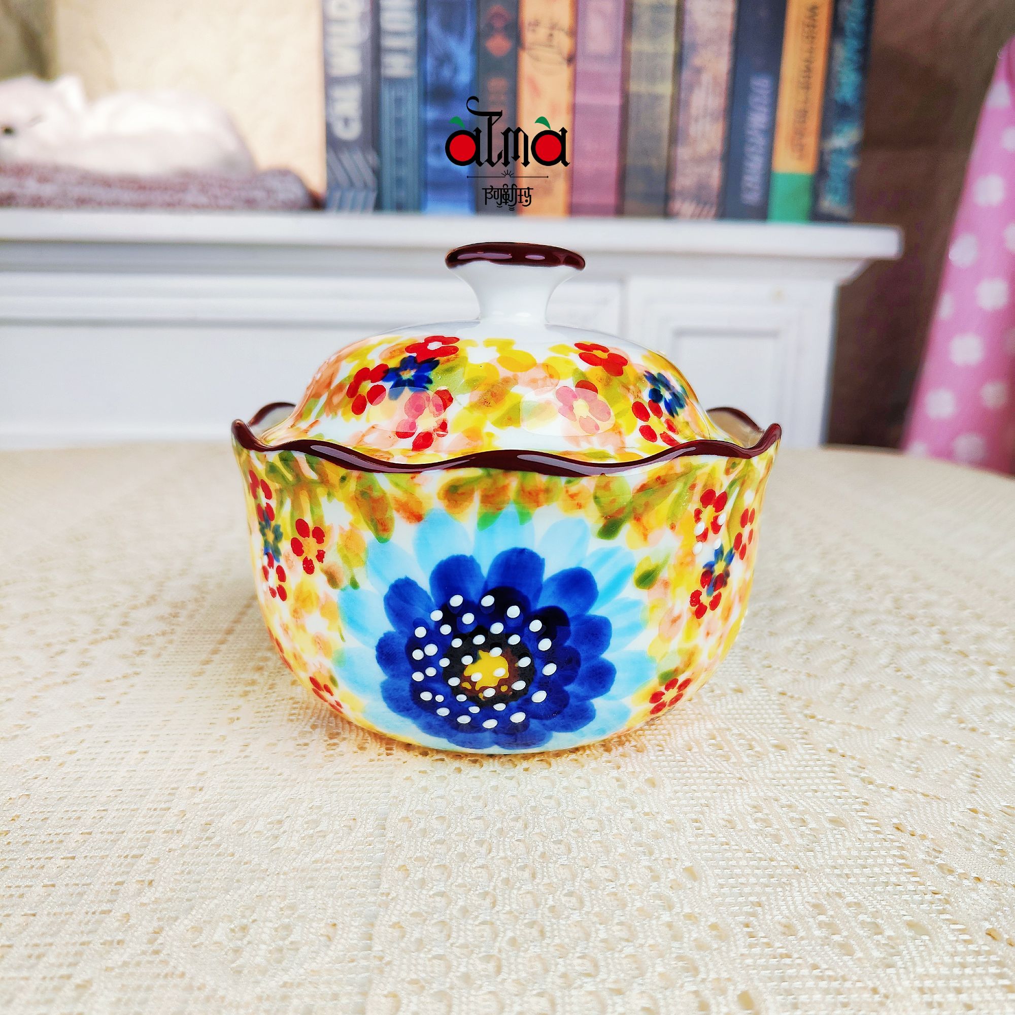 阿勒玛新疆包邮【莫奈花园蓝】家用手绘釉下彩欧式4.5寸带盖炖盅