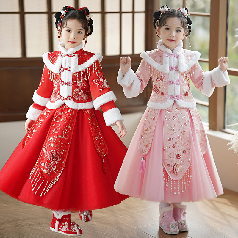 女童汉服冬季加绒超仙中国风古装演出服女孩唐装拜年服新年装加厚
