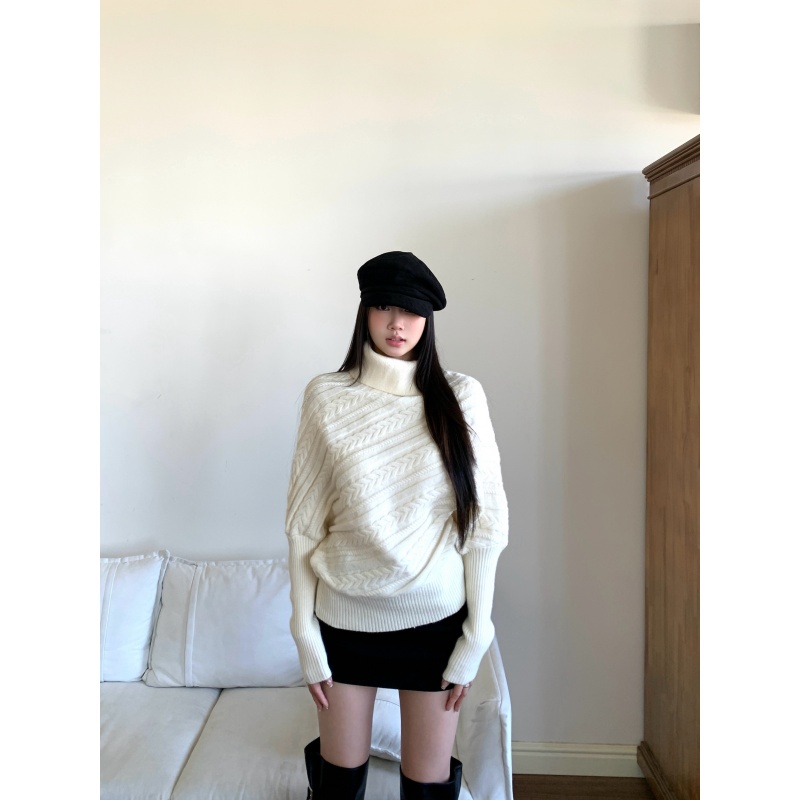 withmin凉皮 秋冬白色麻花高领蝙蝠袖套头针织毛衣 J260321