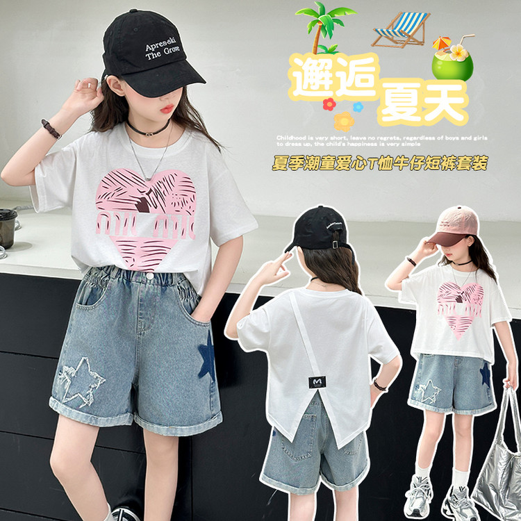 女童套装时尚五角星T恤牛仔短裤童装3-15岁夏季中大童薄款韩版潮