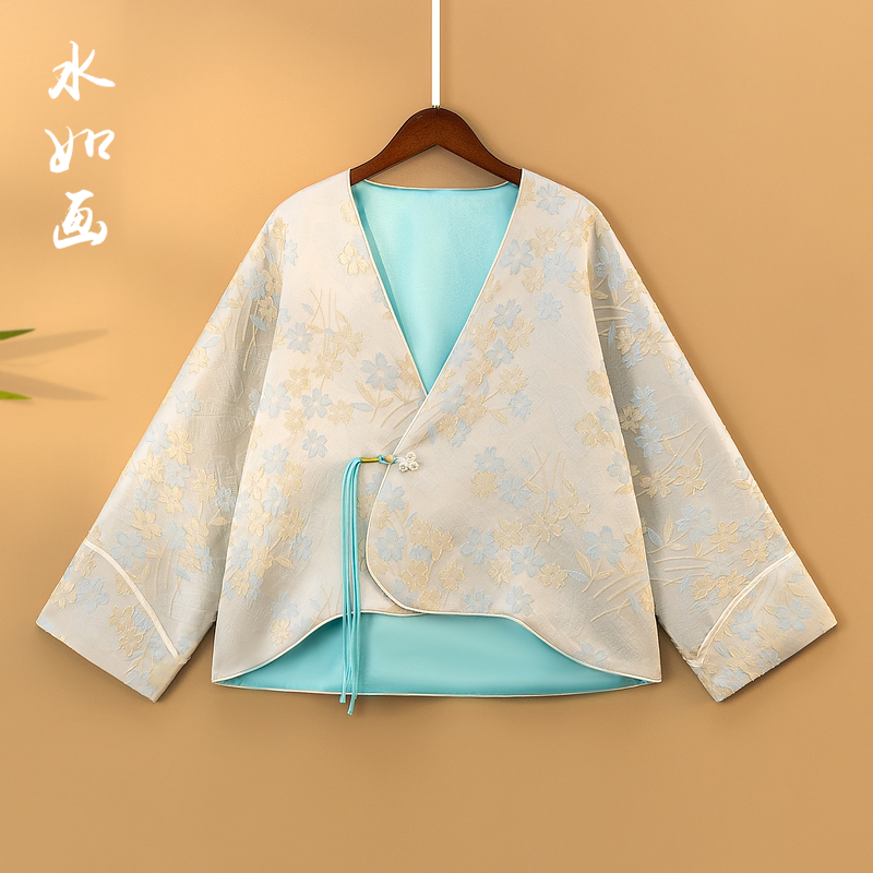 【彩莺】2025新款春季新中式上衣宽松国风提花V领气质显瘦女装外套