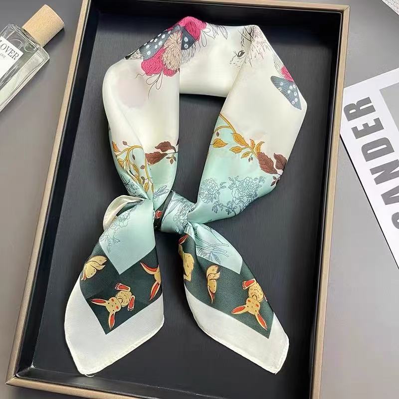 70*70 【水绿可爱兔】  新款丽锦缎丝巾百搭时尚女士方巾L142