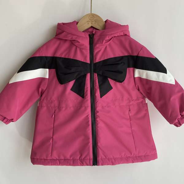宝宝蝴蝶结连帽棉服 玫红甜美风 女童秋冬撞色保暖外套  0112