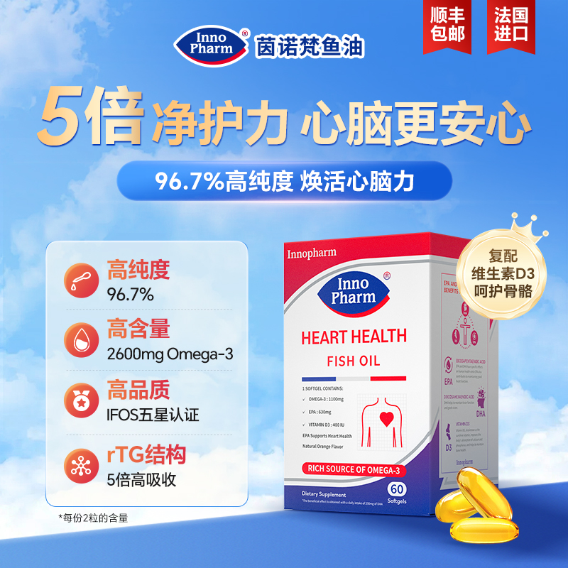 【96.7%高纯顶配rTG】茵诺梵小红心Omega-3维生素D3深海鱼油60粒/盒商品图