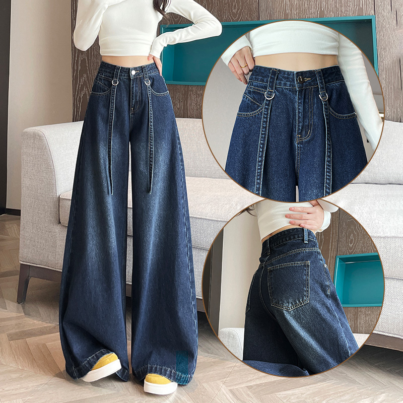 深蓝色阔腿喇叭牛仔裤女秋冬加绒2025宽松高腰垂坠感甩腿拖地长裤