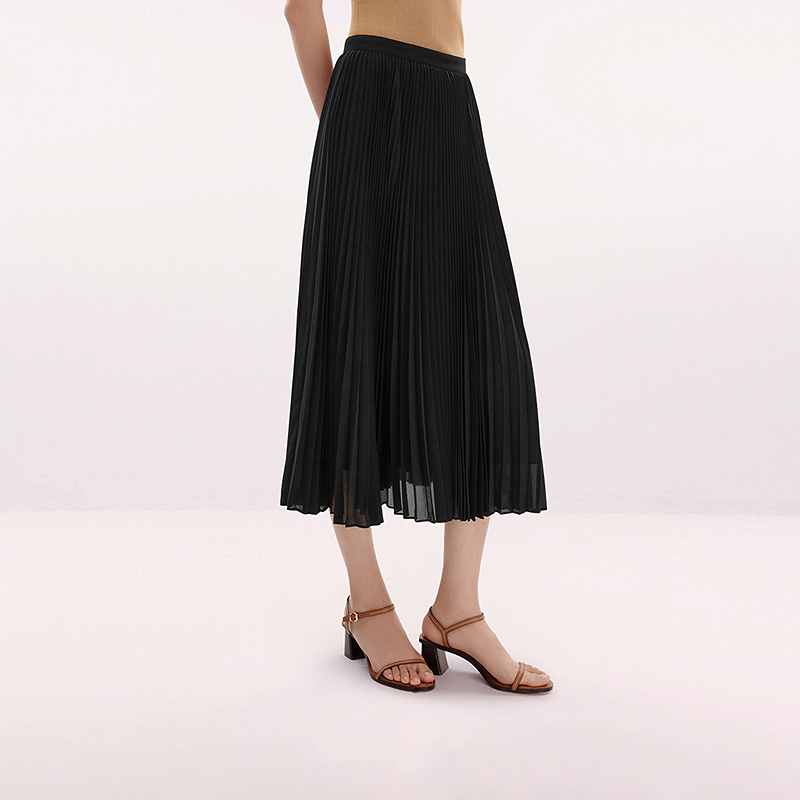 LANCY/朗姿2025秋新款法式高级A字百褶裙女气质黑色中长款半身裙