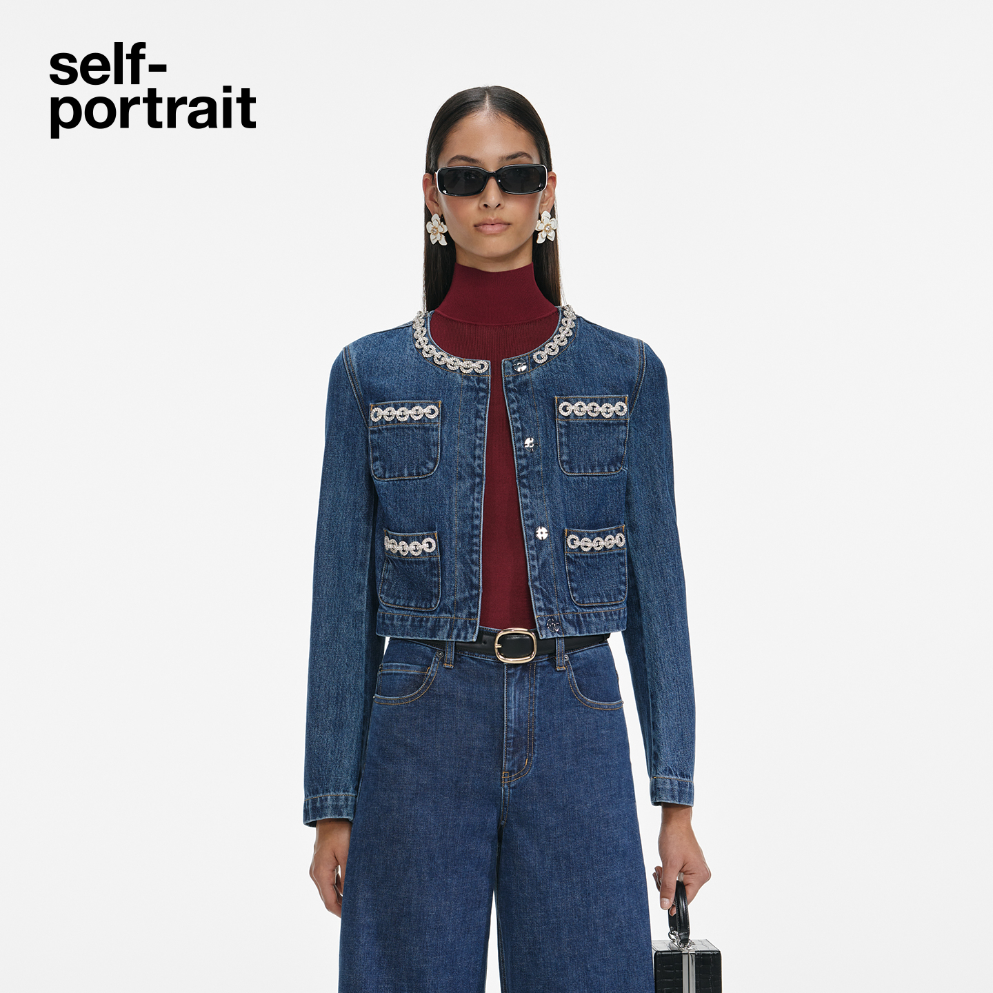 self-portrait 2025秋冬新款牛仔蓝钻饰链条短款牛仔外套上衣