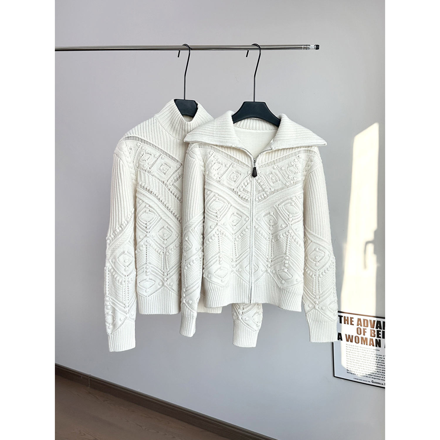 秋冬新款老钱风厚款拉链式提花100羊绒翻领针织开衫套头毛衣外套