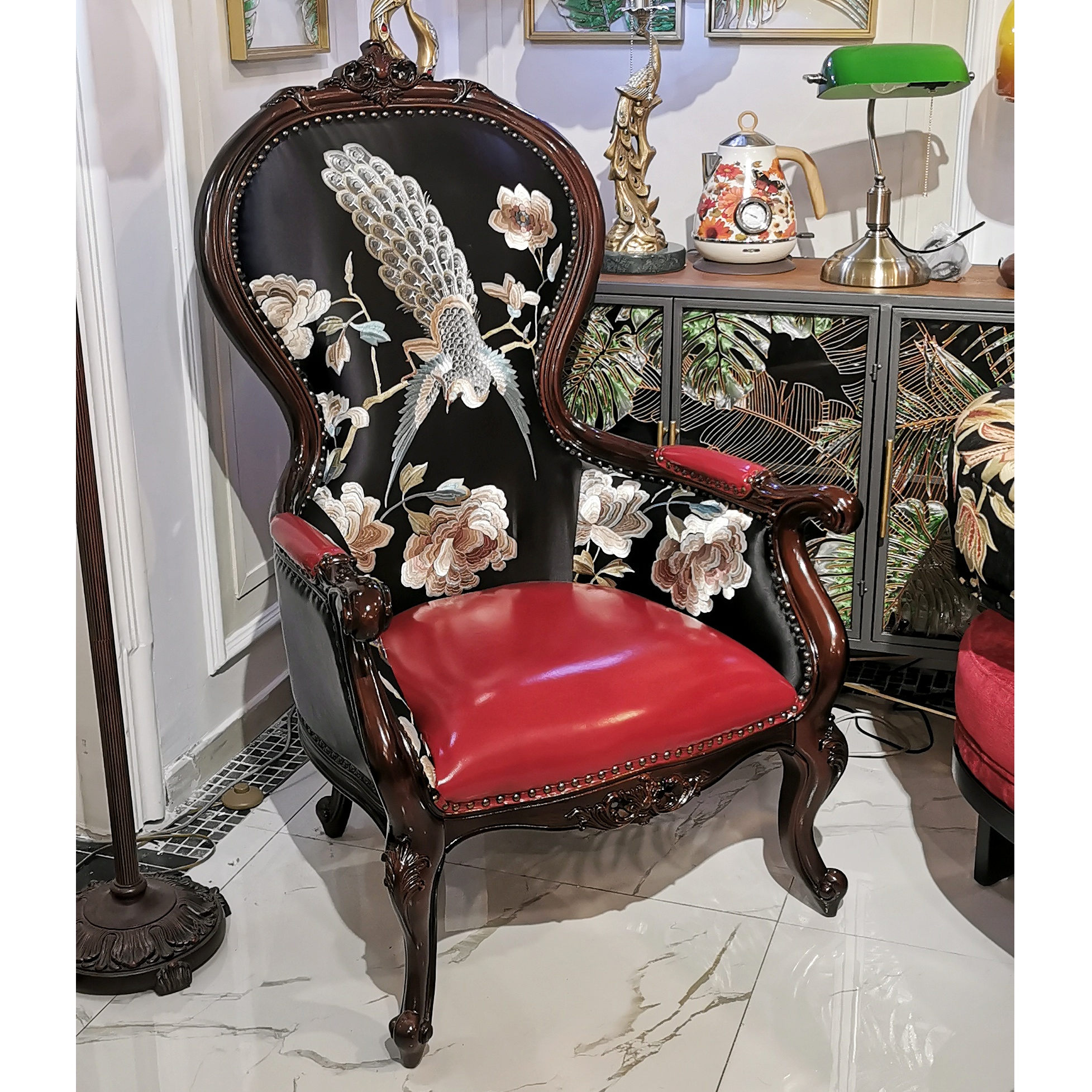 美式欧式复古真皮老虎椅实木单人休闲椅沙发椅子卧室客厅主人椅